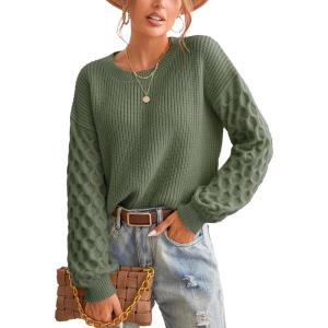 CUPSHE Women’s Cable Knit Sweater Long Sleeve Crew Neck Sweaters Fall Pullover Sweater Tops(Green)