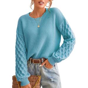 CUPSHE Women’s Cable Knit Sweater Long Sleeve Crew Neck Sweaters Fall Pullover Sweater Tops(Ocean Blue)
