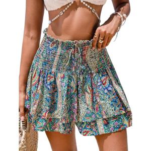 CUPSHE Women’s Casual Beach Shorts Smocked Waist High Rise Bikini Cover Up Flared Summer Shorts(Paisley)