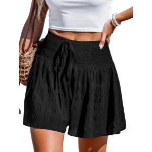 CUPSHE Women’s Casual Shorts Smocked High Rise Bathing Suit Cover Up Wide Leg Beach Summer Shorts(Black)