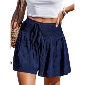 CUPSHE Women’s Casual Shorts Smocked High Rise Bathing Suit Cover Up Wide Leg Beach Summer Shorts(Blue)