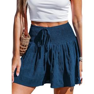 CUPSHE Women’s Casual Shorts Smocked High Rise Bathing Suit Cover Up Wide Leg Beach Summer Shorts(Navy Blue)