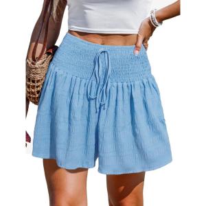 CUPSHE Women’s Casual Shorts Smocked High Rise Bathing Suit Cover Up Wide Leg Beach Summer Shorts(Sky Blue)