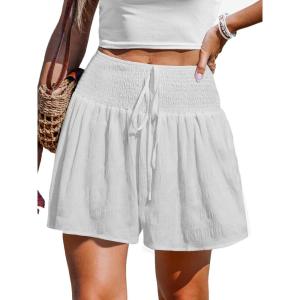 CUPSHE Women’s Casual Shorts Smocked High Rise Bathing Suit Cover Up Wide Leg Beach Summer Shorts(White)