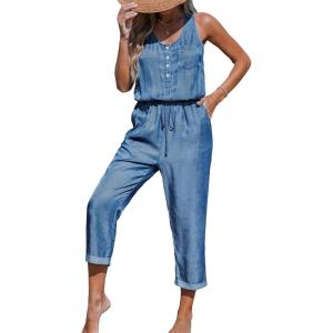 CUPSHE Women’s Casual Sleeveless Scoop Neck Button Down Overalls With Pockets(Blue)