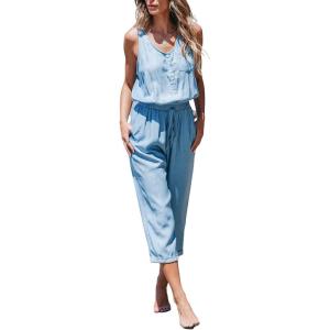 CUPSHE Women’s Casual Sleeveless Scoop Neck Button Down Overalls With Pockets(Light Blue)