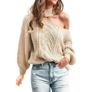 CUPSHE Womens Cold Shoulder Sweaters Long Sleeve Mock Neck Casual Lightweight Pullover Sweater Tops(Beige)