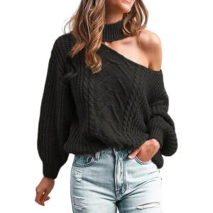CUPSHE Womens Cold Shoulder Sweaters Long Sleeve Mock Neck Casual Lightweight Pullover Sweater Tops(Black)
