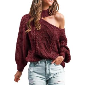 CUPSHE Womens Cold Shoulder Sweaters Long Sleeve Mock Neck Casual Lightweight Pullover Sweater Tops(Burgundy)