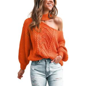CUPSHE Womens Cold Shoulder Sweaters Long Sleeve Mock Neck Casual Lightweight Pullover Sweater Tops(Rust Red)