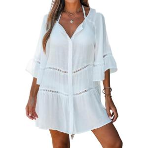 CUPSHE Women’s Cutout Tiered Cover-Up Shirt Dress White V-Neck A-line Beachwear(White)