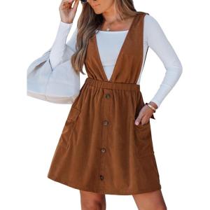 CUPSHE Women’s Deep V Neck Fall Mini Dress A Line Sleeveless Overall Dress Elastic Waist Side Pockets Casual Jumper(Burnt Orange)