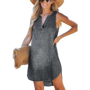 CUPSHE Women’s Denim Mini Dress Jean Dresses V Neck Sleeveless Casual Summer Outfits 2025 Trendy(Dark Grey)