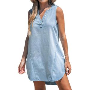 CUPSHE Women’s Denim Mini Dress Jean Dresses V Neck Sleeveless Casual Summer Outfits 2025 Trendy(Light Blue)