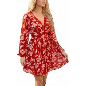 CUPSHE Women’s Fall Boho Floral Mini Dresses Long Sleeve Wedding Guest Dress V Neck Flowy Smocked Lined Short Dress(Red)