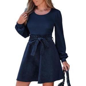CUPSHE Women’s Fall Dresses Corduroy Belted Tie Waist Long Sleeve Round Neck Casual A Line Mini Dress(Blue)