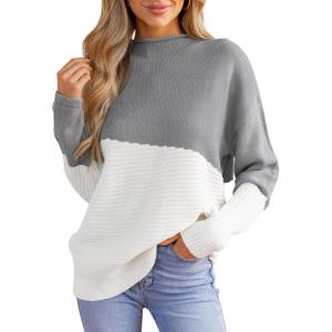 CUPSHE Womens Fall Long Sleeve Mock Neck Sweaters Colorblock Oversized Long Sleeve Knit Pullover Jumper Tops(Grey)