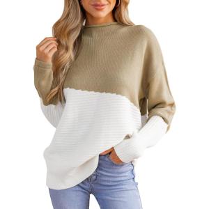 CUPSHE Womens Fall Long Sleeve Mock Neck Sweaters Colorblock Oversized Long Sleeve Knit Pullover Jumper Tops(Khaki)
