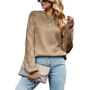 CUPSHE Womens Fall Sweater Long Sleeve Crewneck Knit Lightweight Pullover Sweater Top(Khaki)