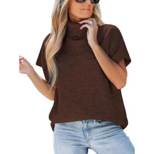 CUPSHE Women’s Fall Sweaters Turtleneck Oversized Cap Sleeve Knitted Casual Fit Pullover Tops(Brown)