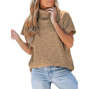 CUPSHE Women’s Fall Sweaters Turtleneck Oversized Cap Sleeve Knitted Casual Fit Pullover Tops(Khaki)