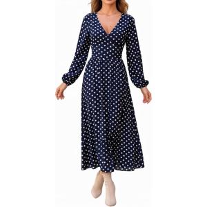 CUPSHE Womens Fall Wedding Guest Dress Long Sleeve V Neck Maxi Dress Smocked Waist Long Flowy Midi Dresses(Blue)