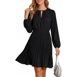 CUPSHE Womens Fall Wedding Guest Formal Dresses Pleated Flowy Mini Dress Long Sleeve Keyhole Neck Short Dress(Black)