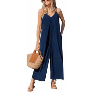 CUPSHE Women’s Jumpsuit Spaghetti Strap V Neck Loose Wide Leg Pants High Waist Casual Summer Sleeveless Romper(Navy)
