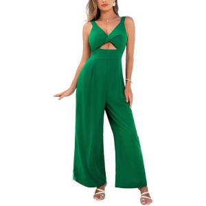 CUPSHE Women’s Jumpsuit V Neck Solid Wide Leg Pants Cutout Sleeveless High Waist Casual Summer Outfits Romper 2025(Green)