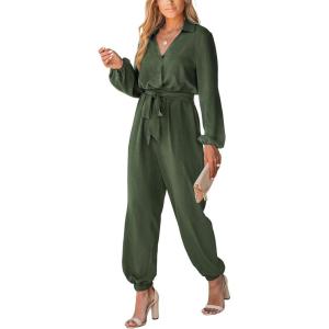 CUPSHE Women’s Jumpsuits Belted Jogger Jumpsuit Long Sleeve Overall V Neck Outfit Casual Dressy(Green)
