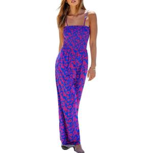 CUPSHE Women’s Jumpsuits Floral Square Neck Smocked Bodice Jumpsuit Sleeveless Overall Straight Leg Outfit Casual(Purple)