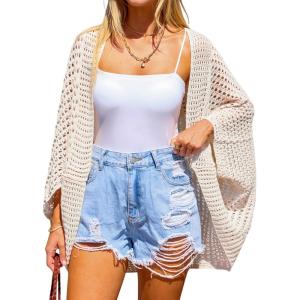 CUPSHE Women’s Knit Open Front Long Dolman Sleeves Beach Crocheted Cover-Up Vacation(Off-white)