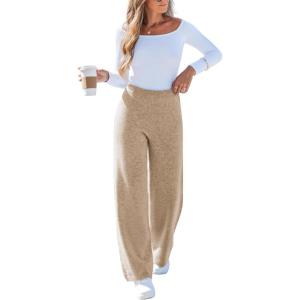 CUPSHE Women’s Knit Pants Wide Leg High Waist Casual Lounge Stretch Cozy Trousers Fall Winter(Light Camel)