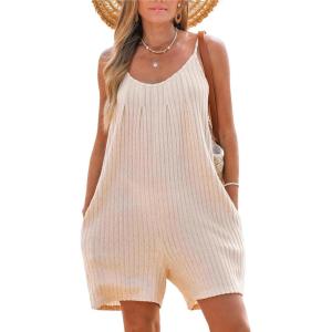 CUPSHE Women’s Knit Scoop Neck Sleeveless Straight Leg Beach Vacation Jumpsuits(Beige)