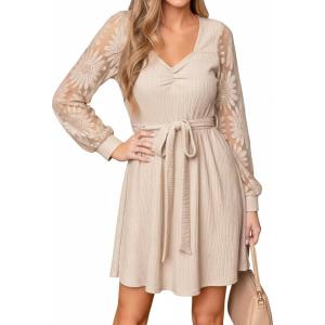 CUPSHE Women’s Lace Long Sleeve Mini Dress Flowy V Neck Tie Belted Knit Dress Fall Holiday Cocktail Short Dress(Beige)
