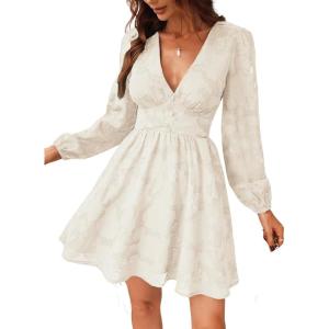 CUPSHE Women’s Lace Mini Dress Long Sleeve Floral Print A Line Dress for Party Bodycon Dress(Ivory)