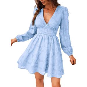 CUPSHE Women’s Lace Mini Dress Long Sleeve Floral Print A Line Dress for Party Bodycon Dress(Light Blue)