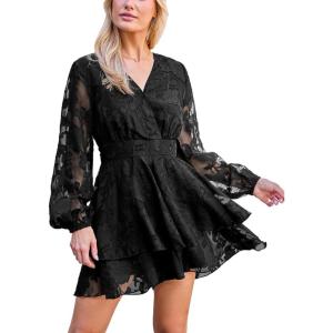 CUPSHE Womens Lace Romper Dressy V Neck Long Sleeve One Piece Overall Tunic Waist Casual Flowy Fall Formal Mini Jumpsuit(Black)