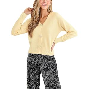 CUPSHE Women’s Long Sleeve Bow Knit Cardigan V Neck Lightweight Open Front Sweater Fall Winter Casual Sweater Top(Apricot)