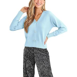 CUPSHE Women’s Long Sleeve Bow Knit Cardigan V Neck Lightweight Open Front Sweater Fall Winter Casual Sweater Top(Blue)