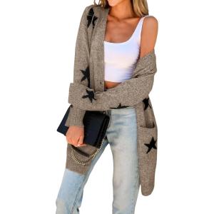 CUPSHE Womens Long Sleeve Cardigan Sweater Knit Button Down Open Front Sweater Coat Star Print Outwear with Pockets(Khaki)