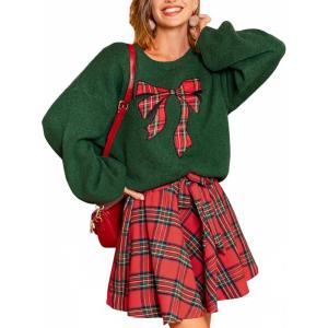 CUPSHE Womens Long Sleeve Christmas Fall Sweater Crewneck Pattern Loose Fit Pullover Holiday Sweater Knit Top(B-green)