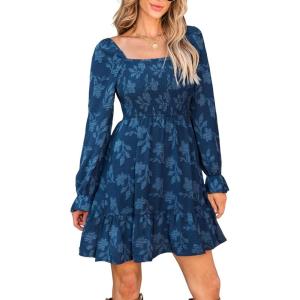 CUPSHE Women’s Long Sleeve Fall Mini Dress Floral Square Neck Smocked Flowy A Line Ruffle Dress(Navy Blue)