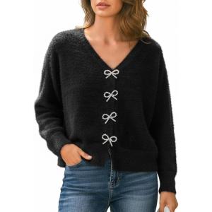 CUPSHE Women’s Long Sleeve Knit Cardigan Bow Buttons Lightweight Open Front Sweater Fall Winter Casual Sweater Top(Black)