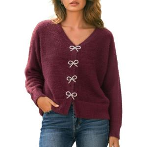 CUPSHE Women’s Long Sleeve Knit Cardigan Bow Buttons Lightweight Open Front Sweater Fall Winter Casual Sweater Top(Red)