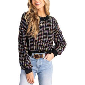 CUPSHE Womens Long Sleeve Knit Sweater Color Block Puff Drop Sleeve Round Neck Pullover Sweater Tops(Black)