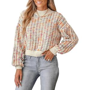 CUPSHE Womens Long Sleeve Knit Sweater Color Block Puff Drop Sleeve Round Neck Pullover Sweater Tops(Muiticolored)