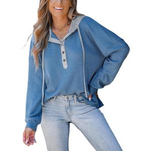 CUPSHE Women’s Long Sleeve T-Shirt Casual Loose Blouses Button Down Shirt Tops with Pocket(Blue)