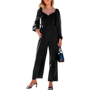 CUPSHE Women’s Maxi Jumpsuit V Neck Long Sleeve Wide Leg Lace One Piece Fall Casual Outfit Pants Jumpsuits with Pockets(Black)