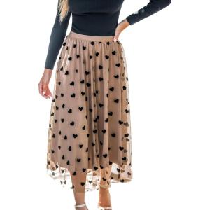 CUPSHE Women’s Mesh Midi SkirtsTulle A Line Fairy Patterned High Waist Dressy Long Skirt Casual Vacation Outfits(Brown)